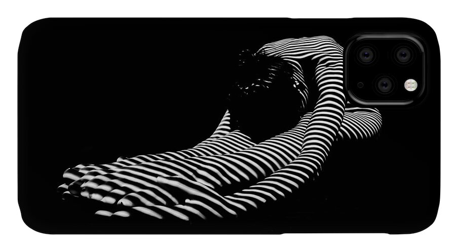 Zebra iPhone 11 Case featuring the photograph 0086-DJA Feet First Zebra Woman Striped Black White by Chris Maher