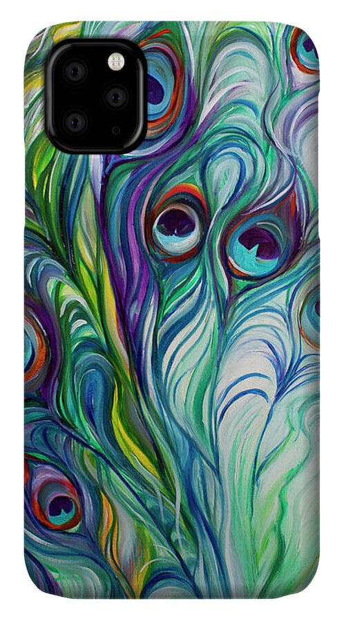 Peacock iPhone 11 Case featuring the painting Feathers Peacock Abstract #1 by Marcia Baldwin