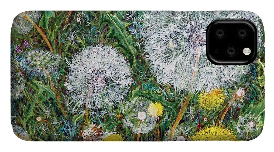 Dandelions iPhone 11 Case featuring the painting Lions of the Garden #2 by Linda Markwardt