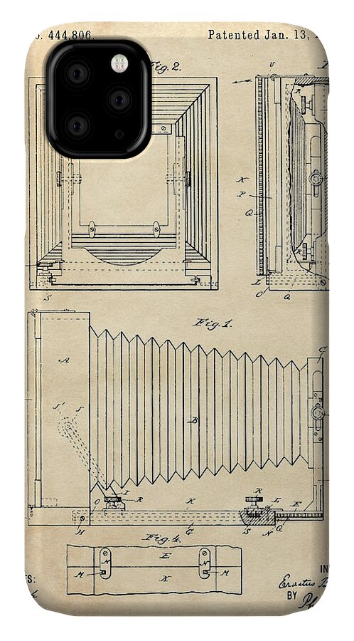 Patent iPhone 11 Case featuring the digital art 1891 Camera US Patent Invention Drawing - Vintage Tan by Todd Aaron