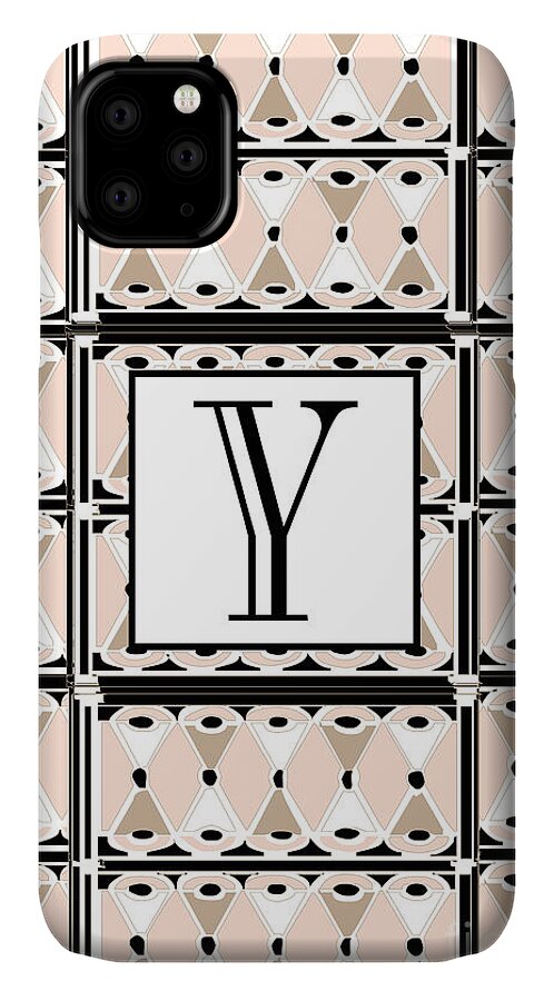 Art Deco iPhone 11 Case featuring the digital art 1920s Pink Champagne Deco Monogram Y by Cecely Bloom
