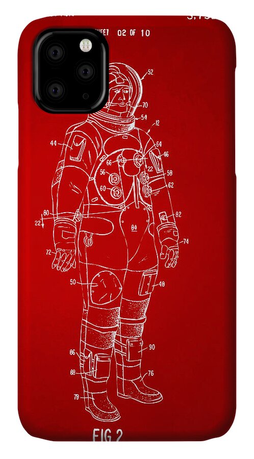 Space Suit iPhone 11 Case featuring the digital art 1973 Astronaut Space Suit Patent Artwork - Red by Nikki Marie Smith