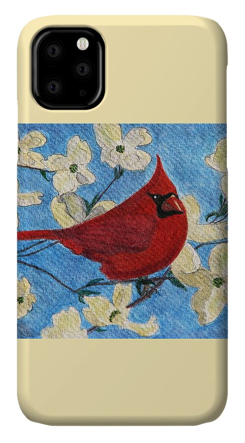 Cardinal iPhone 11 Case featuring the painting A Cardinal Spring by Angela Davies