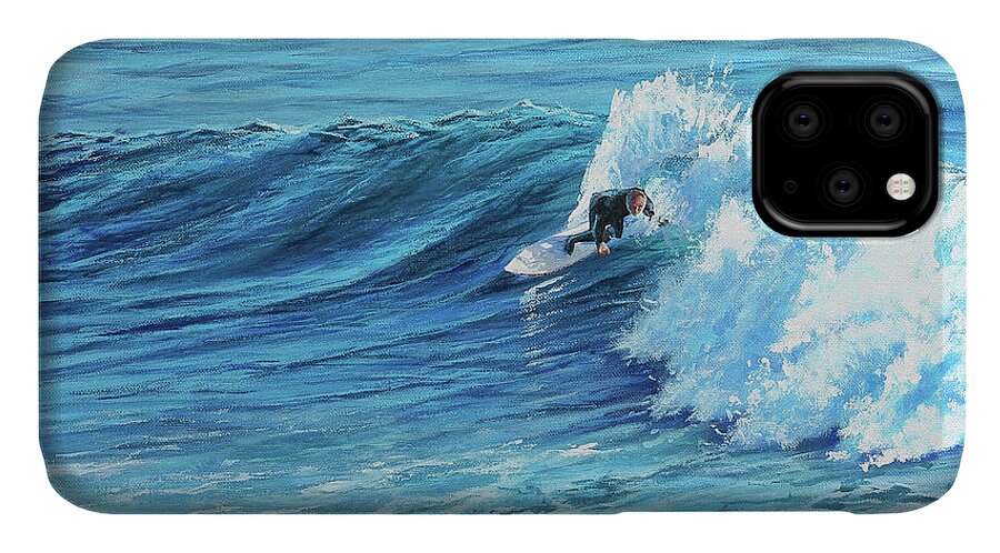 California Surfer iPhone 11 Case featuring the painting A Ride on Steamer Lane by Joe Mandrick