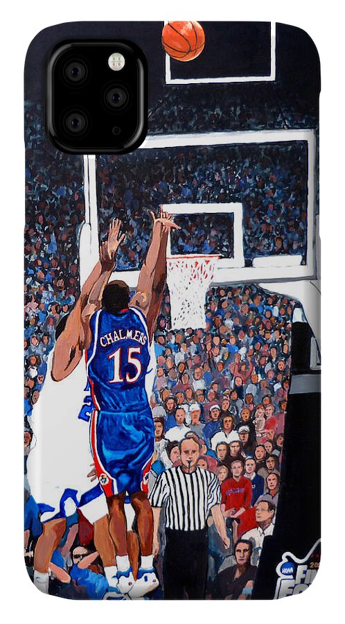 Jayhawks iPhone 11 Case featuring the painting A Shot to Remember - 2008 National Champions by Tom Roderick