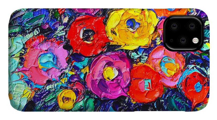 Abstract iPhone 11 Case featuring the painting Abstract Colorful Wild Roses Modern Impressionist Palette Knife Oil Painting By Ana Maria Edulescu by Ana Maria Edulescu