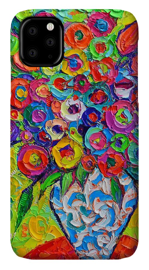 Abstract iPhone 11 Case featuring the painting ABSTRACT FLOWERS OF HAPPINESS impressionist impasto palette knife oil painting by ANA MARIA EDULESCU by Ana Maria Edulescu