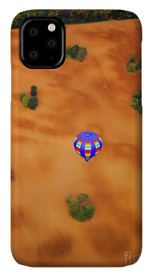  Aerial iPhone 11 Case featuring the photograph Aerial of Hot Air Balloon above tilled field fall by Tom Jelen