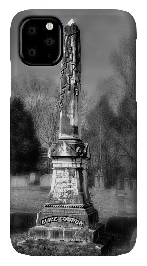 Alice Cooper iPhone 11 Case featuring the photograph Alice Cooper Grave in Black and White by Greg and Chrystal Mimbs