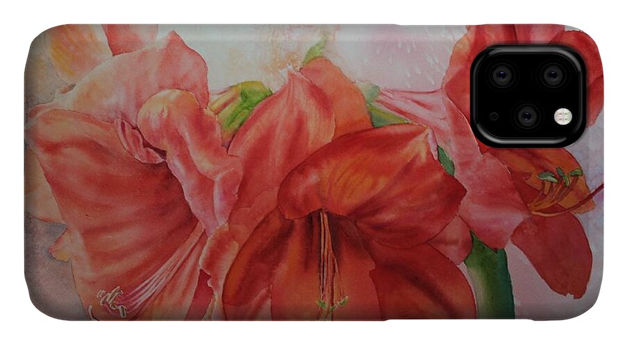 Flowers iPhone 11 Case featuring the painting Amarylis by Ruth Kamenev