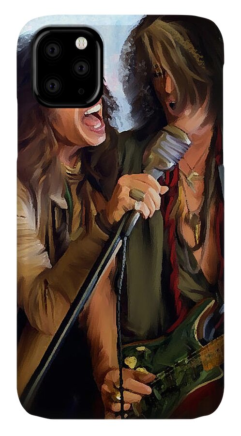 Steven Taylor Aerosmith Lead Singer For Aerosmith Steven Tyler Art Work iPhone 11 Case featuring the painting American Rock Steven Tyler and Joe Perry by Iconic Images Art Gallery David Pucciarelli