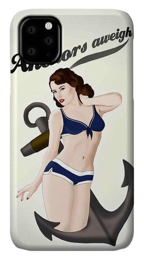 Pinup iPhone 11 Case featuring the drawing Anchors Aweigh - Classic Pin Up by Nicklas Gustafsson