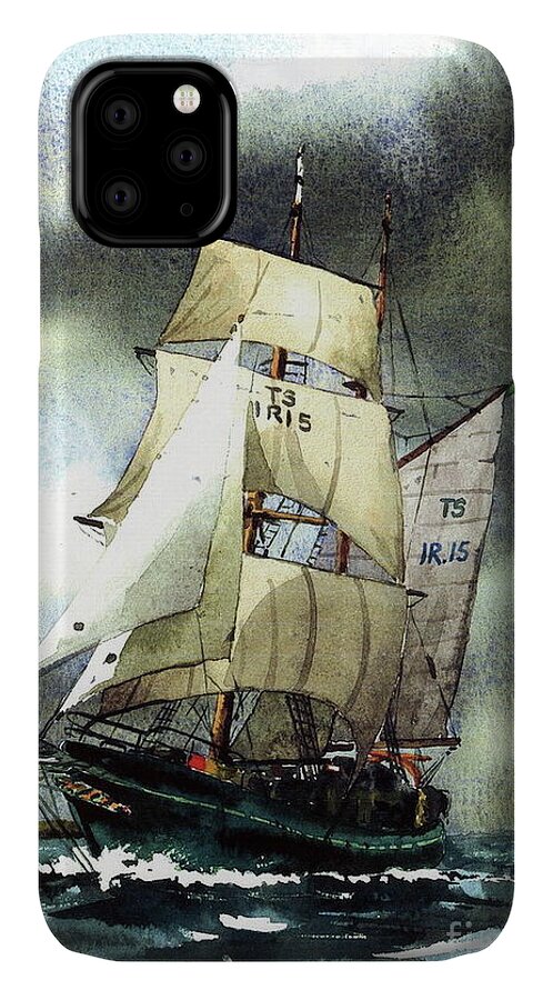 Val Byrne iPhone 11 Case featuring the painting F 758 Asgard 11 often sailed along the Wild Atlantic way by Val Byrne