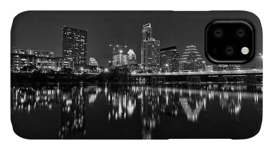 Austin iPhone 11 Case featuring the photograph Austin Skyline At Night Black and White by Todd Aaron