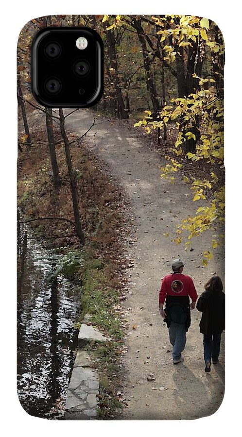 Autumn iPhone 11 Case featuring the digital art Autumn Walk on the C and O Canal Towpath with oil painting effect by William Kuta