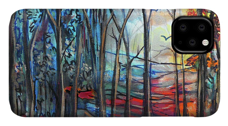 Watercolor iPhone 11 Case featuring the painting Autumn Woods Sunrise by Jean Batzell Fitzgerald