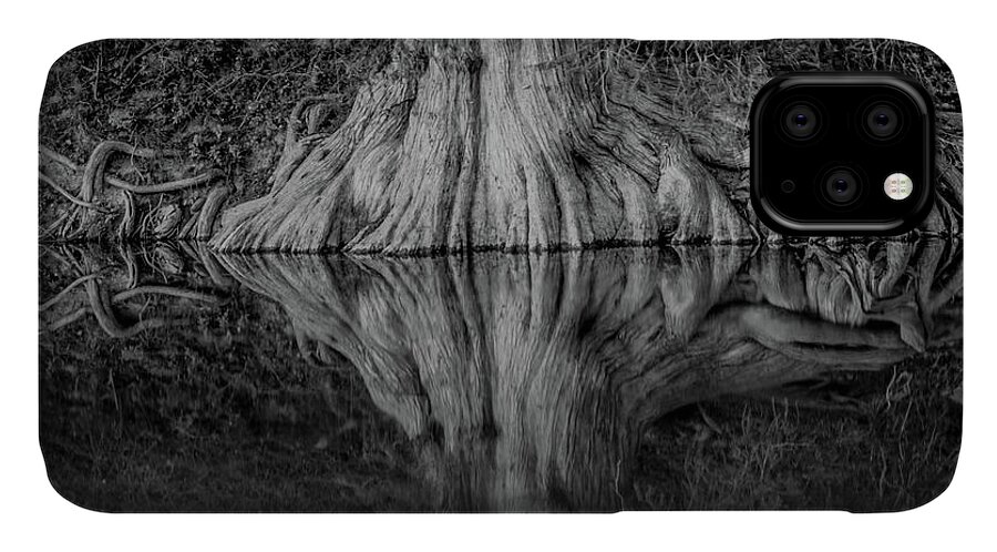 Bald Cypress Reflection In Black And White Michael Tidwell Guadalupe River Mike Tidwell iPhone 11 Case featuring the photograph Bald Cypress Reflection in Black and White by Michael Tidwell
