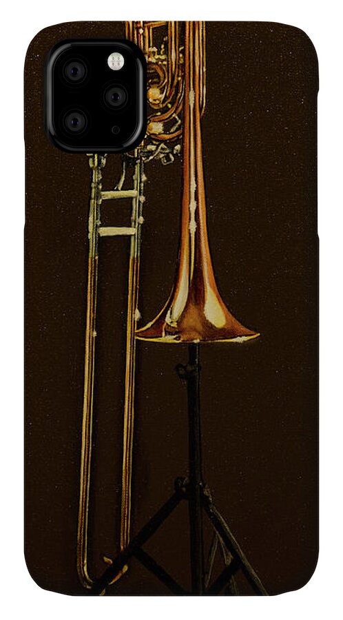 Trombone iPhone 11 Case featuring the painting Bill's Bone by Laurie Tietjen