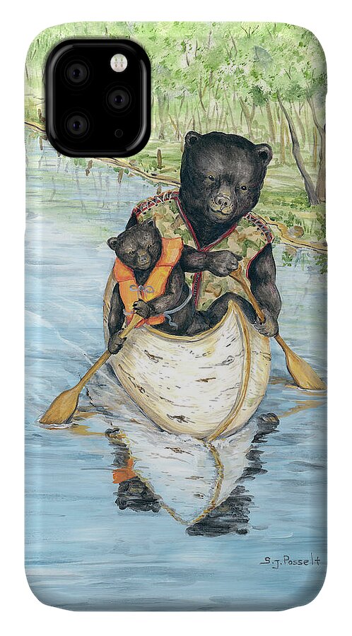 Black Bear iPhone 11 Case featuring the painting Birch Bark Canoe by Sheri Jo Posselt