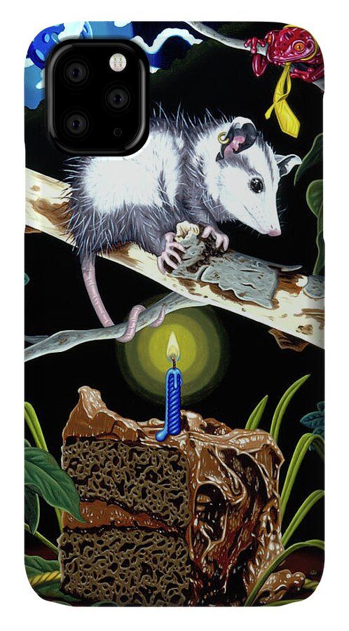 Opossum iPhone 11 Case featuring the painting Birthday Surprise by Paxton Mobley