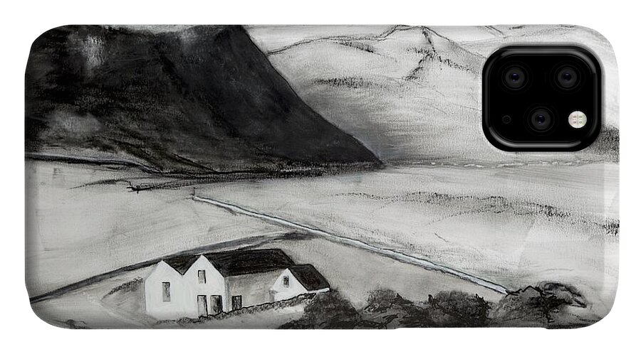  iPhone 11 Case featuring the painting Black and White House and Hills by Kathleen Barnes