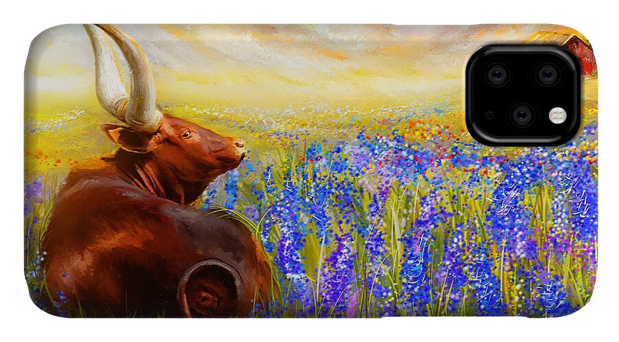 Texas Longhorn iPhone 11 Case featuring the painting Bluebonnet Dream - Bluebonnet Paintings by Lourry Legarde