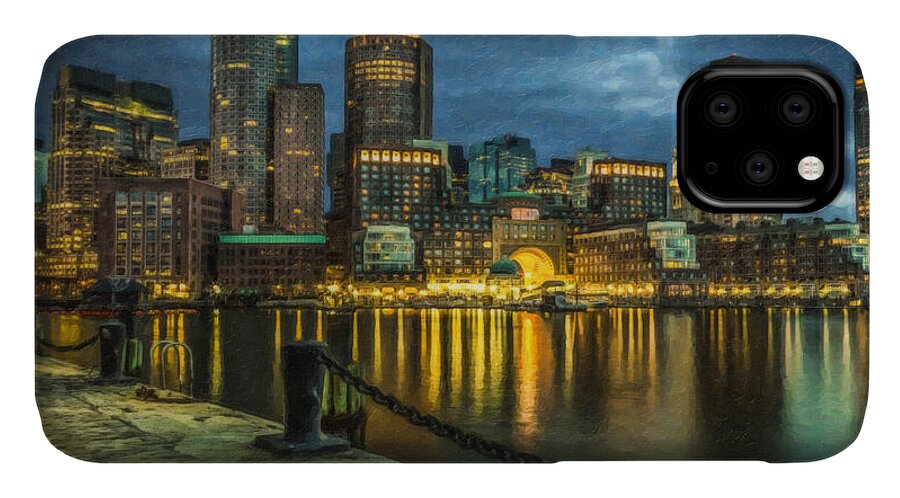 Landscape iPhone 11 Case featuring the painting Boston Skyline At Night - CTY828916 by Dean Wittle