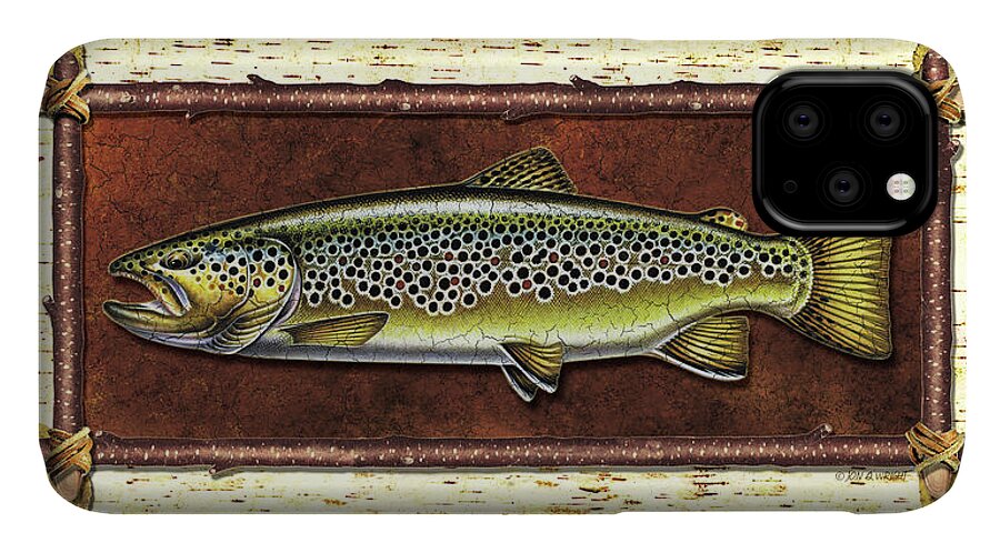 Trout iPhone 11 Case featuring the painting Brown Trout Lodge by JQ Licensing
