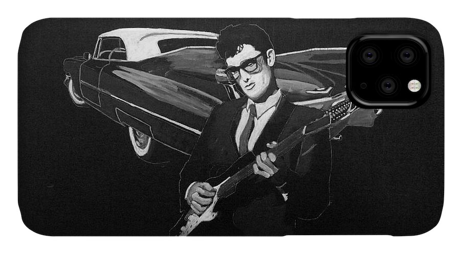 Car iPhone 11 Case featuring the painting Buddy Holly and 1959 Cadillac by Richard Le Page