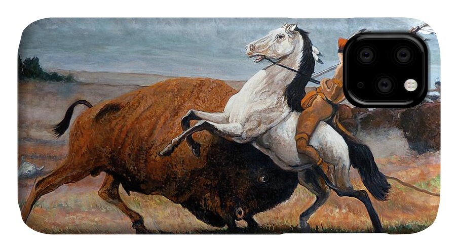 Buffalo Warrior iPhone 11 Case featuring the painting Buffalo Hunt by Tom Roderick