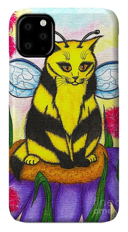 Buzz iPhone 11 Case featuring the painting Buzz Bumble Bee Fairy Cat by Carrie Hawks