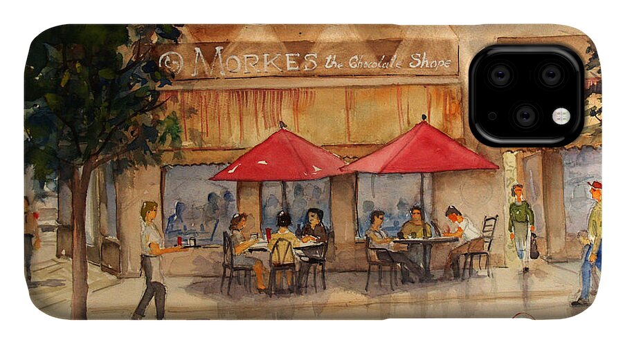 Street Scene iPhone 11 Case featuring the painting Cafe Chocolate by Gerald Miraldi