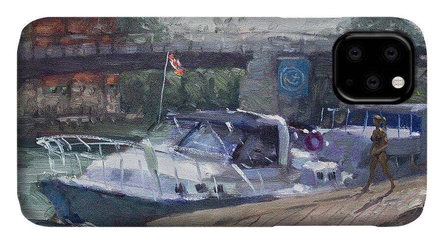Yachts iPhone 11 Case featuring the painting Canadian Yacht at Tonawanda Harbor by Ylli Haruni