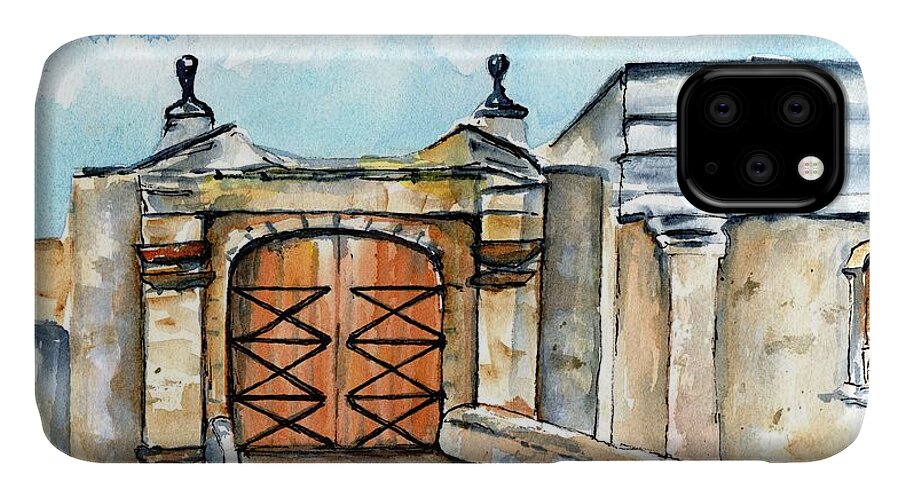 Old San Juan iPhone 11 Case featuring the painting Castillo de San Cristobal Entry Gate by Carlin Blahnik CarlinArtWatercolor