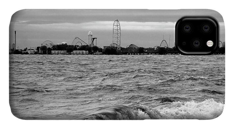 Cedar Point iPhone 11 Case featuring the photograph Cedar Point on the Lake Black and White by Angela Murdock