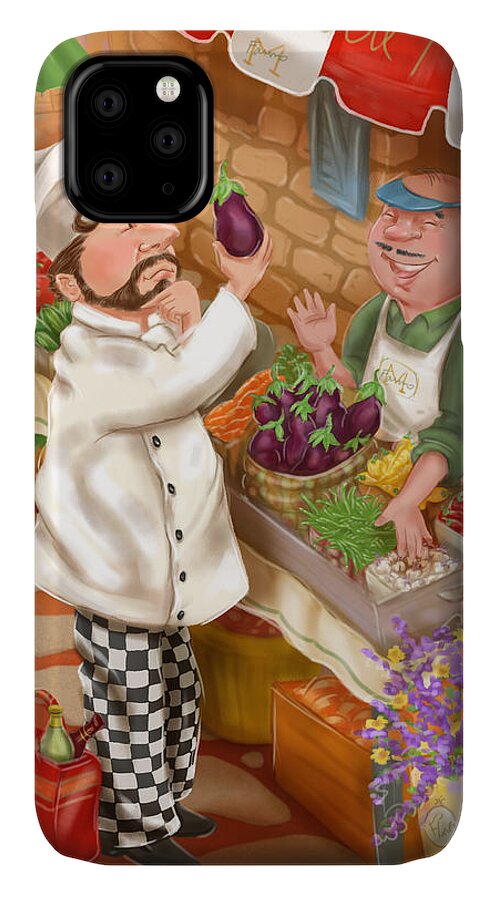 Chef iPhone 11 Case featuring the mixed media Chefs Go to Market I by Shari Warren