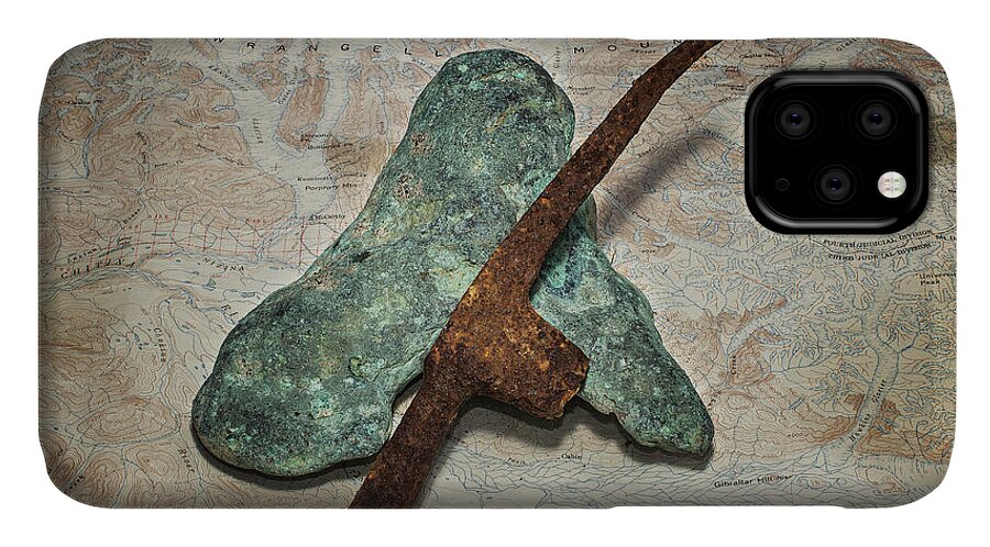 Copper Nugget iPhone 11 Case featuring the photograph Copper Nugget Rock Hammer and Map by Fred Denner