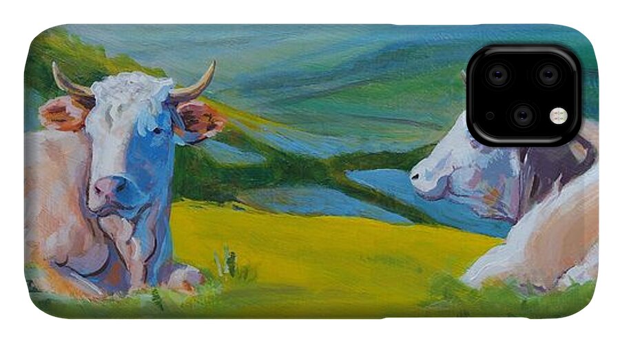 Cows iPhone 11 Case featuring the painting Cows Lying Down in Devon Hills by Mike Jory