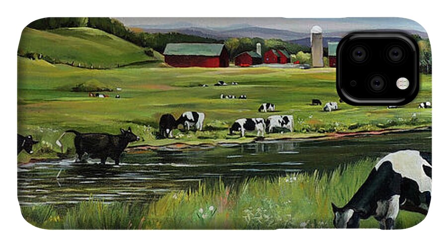 Landscape iPhone 11 Case featuring the painting Dairy Farm Dream by Nancy Griswold