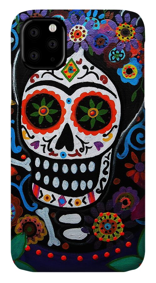 Day Of The Dead Frida Kahlo Painting Prisarts Pristine Cartera Turkus Flowers Florals Blooms Folk Art Artists Mexican Mexico Dia De Los Muertos iPhone 11 Case featuring the painting Day Of The Dead Frida Kahlo Painting by Pristine Cartera Turkus