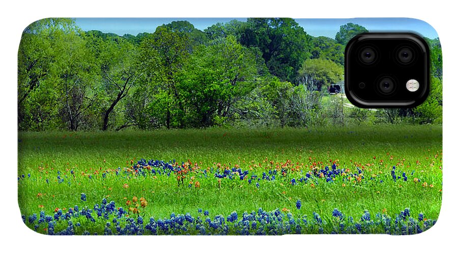Mixedmedia iPhone 11 Case featuring the mixed media Decorative Texas Homestead Bluebonnets Meadow Mixed Media Photo H32517 by Mas Art Studio