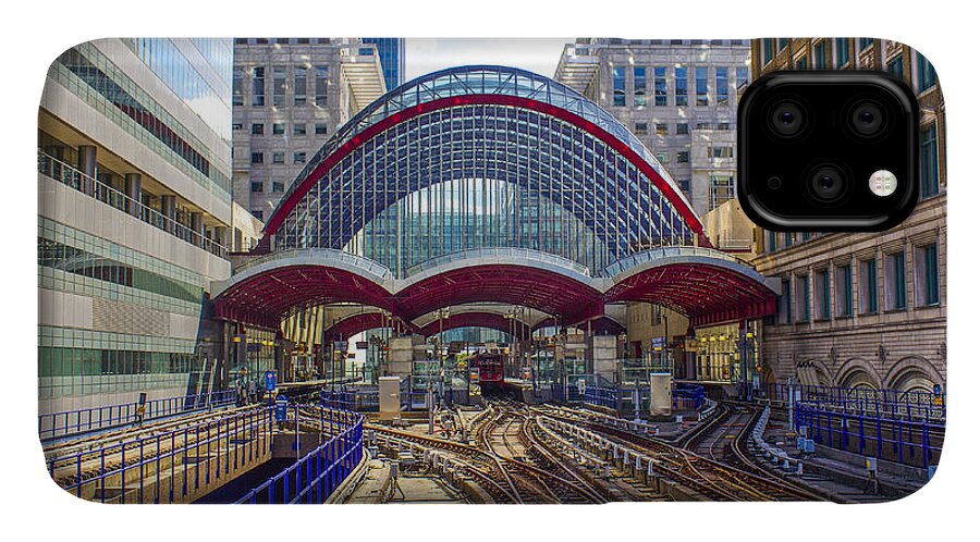 Railway iPhone 11 Case featuring the photograph DLR Canary Wharf and Approaching Train by Venetia Featherstone-Witty