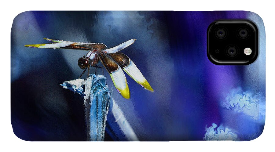 Dragonfly iPhone 11 Case featuring the mixed media Dragonfly in the Blue by Lisa Redfern