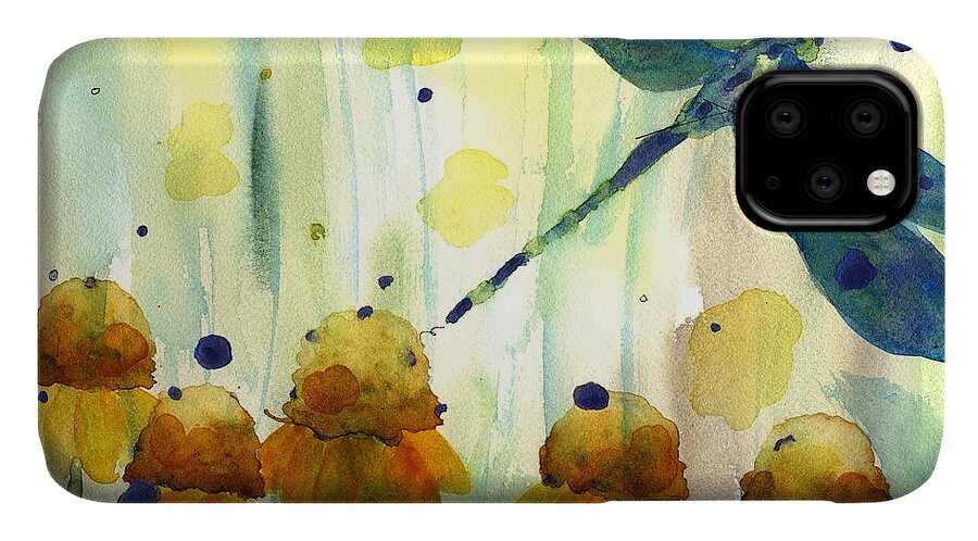 Dragonfly iPhone 11 Case featuring the painting Dragonfly in the Wildflowers by Dawn Derman