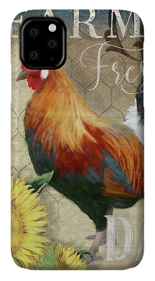 Rustic iPhone 11 Case featuring the painting Farm Fresh Red Rooster Sunflower Rustic Country by Audrey Jeanne Roberts