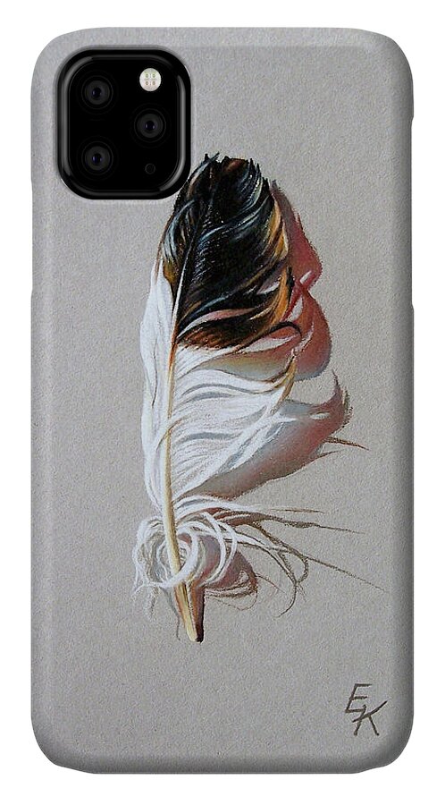 Still Life Feather iPhone 11 Case featuring the drawing Feather and shadow 3 by Elena Kolotusha