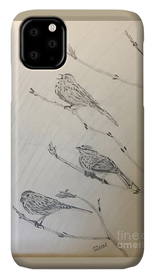 Sparrows iPhone 11 Case featuring the drawing Feathers Friends by Thomas Janos