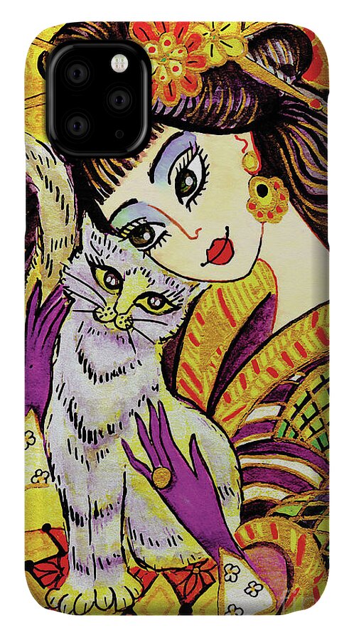 Woman And Cat iPhone 11 Case featuring the painting Feline Rhapsody by Eva Campbell