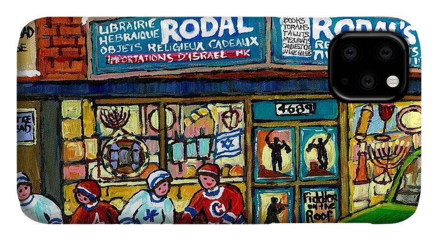 Montreal iPhone 11 Case featuring the painting Fiddler On The Roof Painting Canadian Art Jewish Montreal Memories Rodal Gift Shop Van Horne Hockey by Carole Spandau