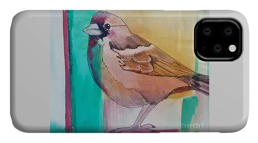 Watercolor iPhone 11 Case featuring the painting Finch Fun by Tracey Lee Cassin